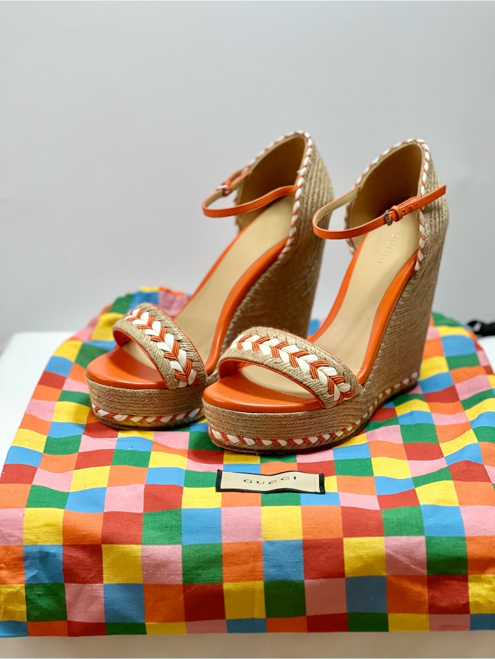 Gucci Orange Braided Espadrille Wedge Sandals